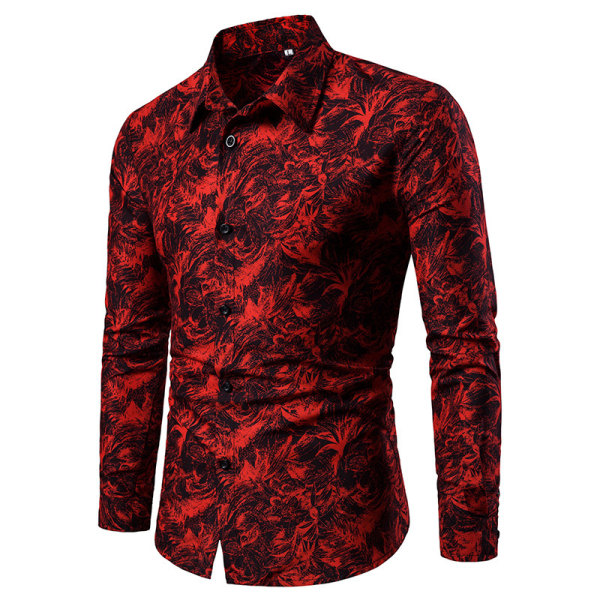 Herrar Långärmad Cardigan Knapp Tryckt Krage Skjorta Red M