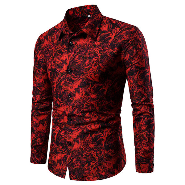 Långärmad kofta för män med printed lapelskjorta Red XXXL