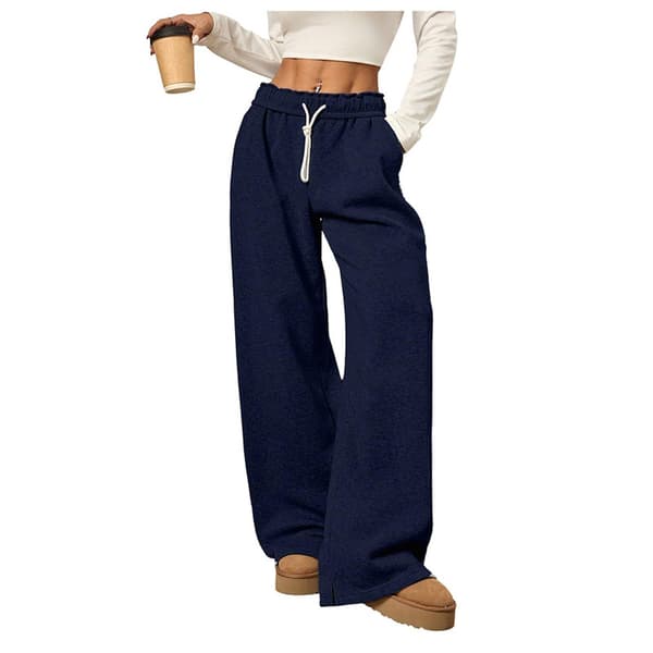 Brede sweatpants for kvinner, høy midje, rette ben, snøring, elastisk midje Blue L