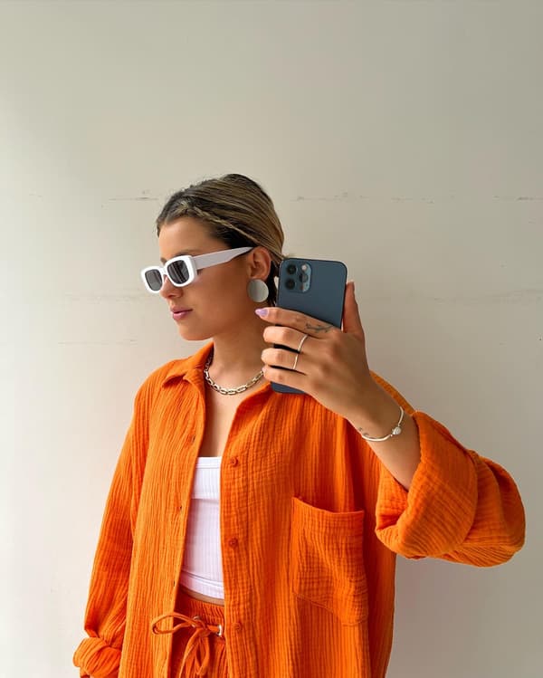 Dam 2-delad byxa set Linne Shirtort set Orange S