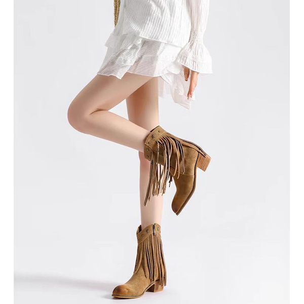 Naisten hapsu Western -saappaat, leveälestiset ratsastus cowboy-saappaat Light Brown 35