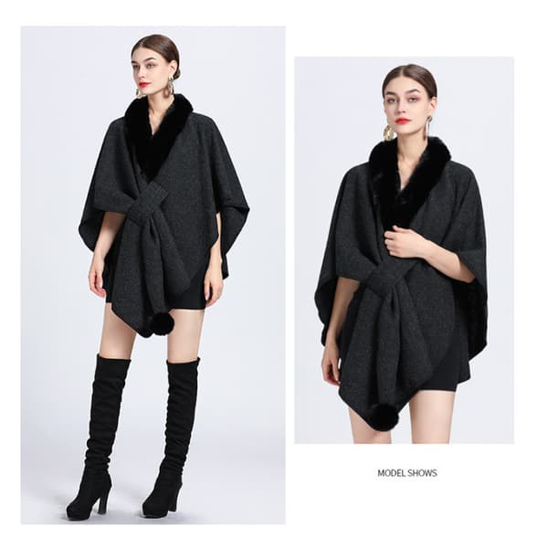 Faux Fur Trim Cardigan Kappe Sjal til Efterår Vinter Black
