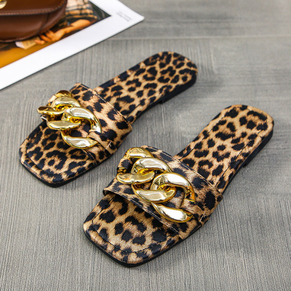 Kvinnor Open Square Toe metallkedja Leopard tofflor 38