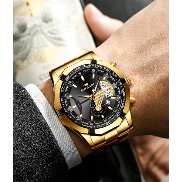 Herre-ur i læder med skelet-design og automatisk mekanisk urværk All gold - black face