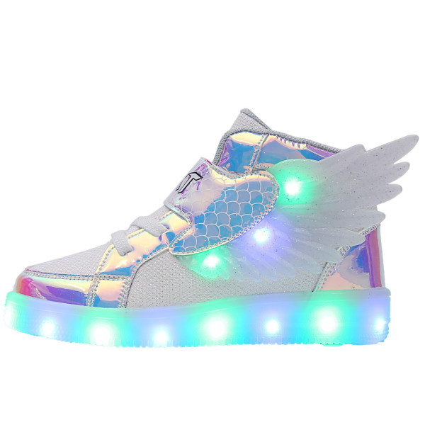 Kids Light up Skor LED USB Laddning Blinkande High-top Wings Sneakers white 37