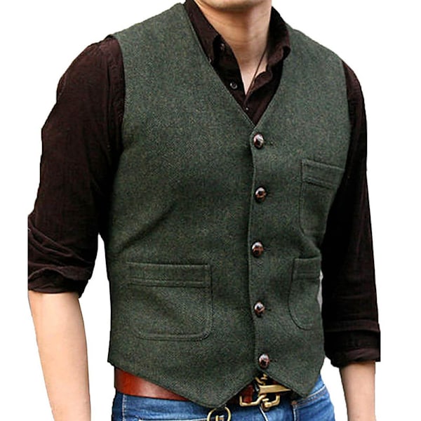 Herrar Vintage Tweed Väst V-ringad Casual Ull Väst Army Green XL