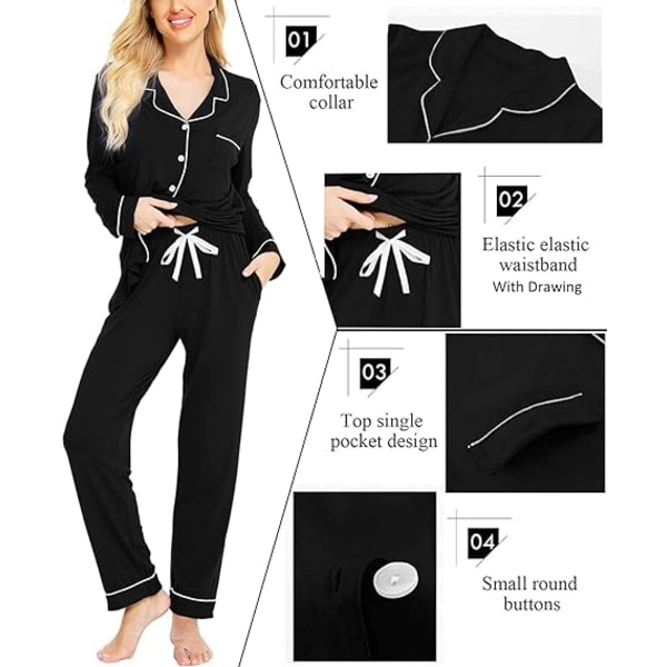 Pyjamas Set för Kvinnor, Långärmad, Knappar, Nattkläder, Bomull, Pj-Set Black M