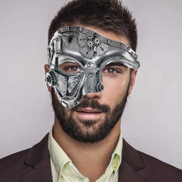 Steampunk Metallisk Cyborg Venetians Mask, Maskeradmask för Halloween silver