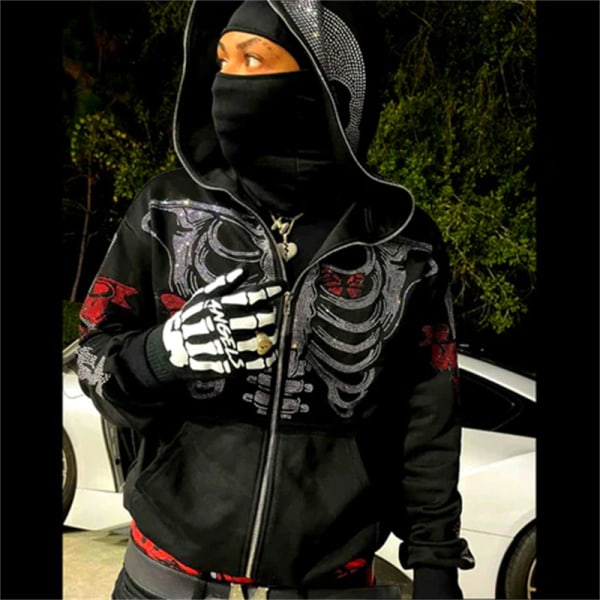 Y2k Skeleton Full Zip Up Hoodies Rhinestone grafiskt print tröja 2XL