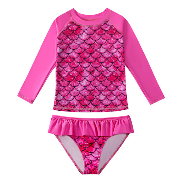 Flickor 2-delat Baddräktset Långärmad Utslagsbeskydd Baddräkt Dark Pink 140