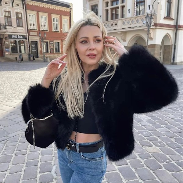 Vinterjakke for kvinner i kunstig pels, lang ermet, avkortet Black XL