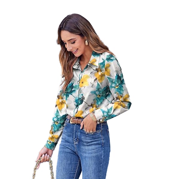 Dam Skjortor med Knappar Blommig Tryck Långärmad Vardaglig Topp Yellow Blue L