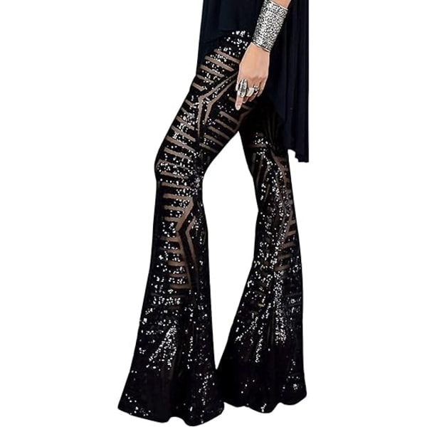 Kvinders Glitter Sequin Bredben Palazzo Bukser Flared Bukser Black L