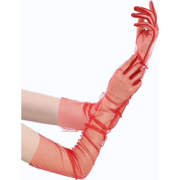 Lange hansker for kvinner, mesh-tulle hansker Red