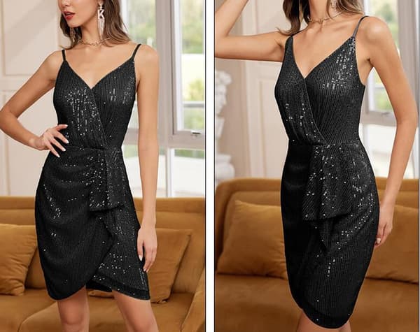 Kvinders Dyb V-Udsnit Party Mini Kjole, Sequin Aftenkjole black S