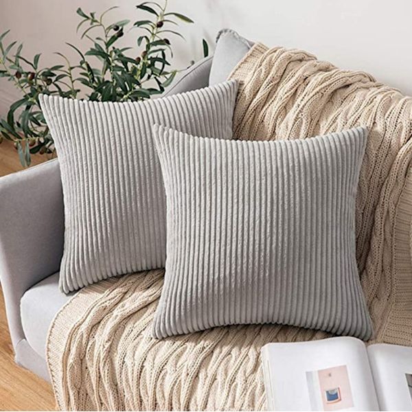 2 st Corduroy Kuddfodral, Solid & Randig Kuddeöverdrag (45*45cm) Gray