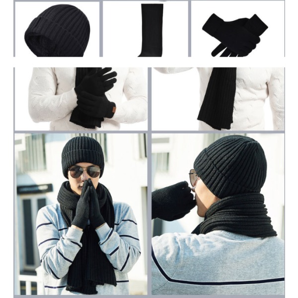 Vinterstickad mössa Beanie Long Neck Scarf Touchscreen Handskar Set Grey