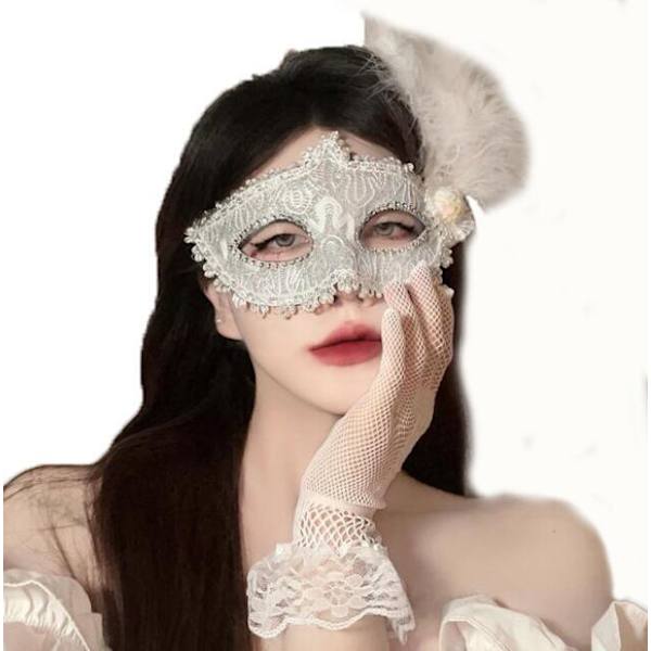 Halloween Mask Halv Ansikte Spets Fjädermasker White Feather