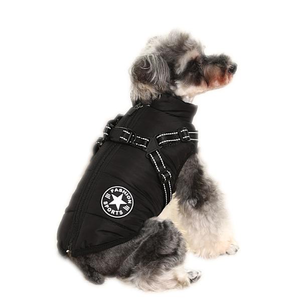 Hundevinterjakke med Sele, Vandafvisende Hundejakke med Lynlås og Fleece Black L
