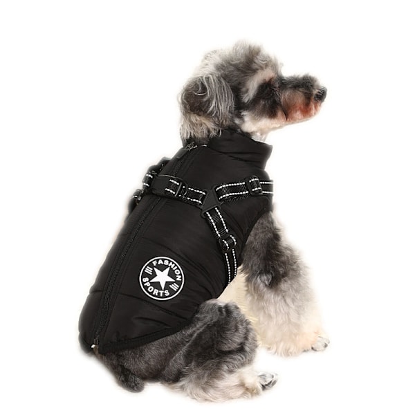 Vinterjakke for hund med sele, vanntett hundjakke med glidelås og fleece Black M