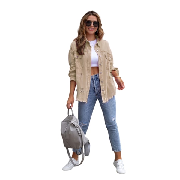 Dame Langærmet Denim Rippet Casual Lapeljakke Khaki M