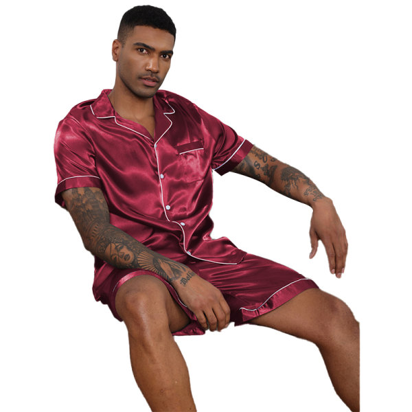 Men Satin Pyjamas Set 2 st Loungewear Button Down Pjs Set red XL