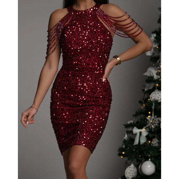 Sexy Off Shoulder Sequin Aftenkjole til Kvinder Burgundy XL