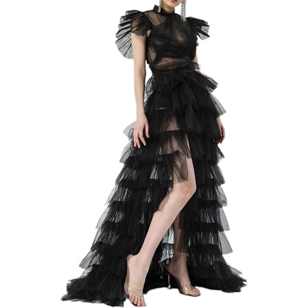 Kvinders Lang Høj-Lav Rufflet Tulle Skørt Black