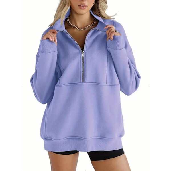 Dame Langærmet Lapel Halv Zip Up Sweatshirt Light Purple M