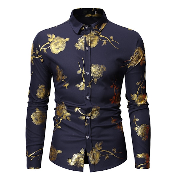 Herrar Hipster Slim Fit Långärmad Knappskjortor Navy Blue L