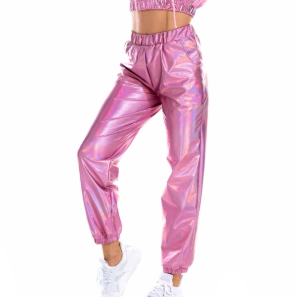 Kvinnors glänsande hög midja stretchiga byxor Hip Hop träningsbyxa Pink 2XL