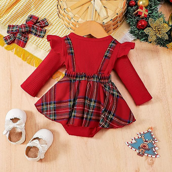 Flickor Jul Outfit Rynkad Långärmad Ribbad Stickad Jumpsuit 80cm