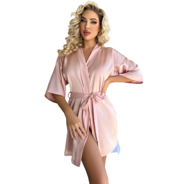 Satin Kimono-badrock för kvinnor i siden Pink L