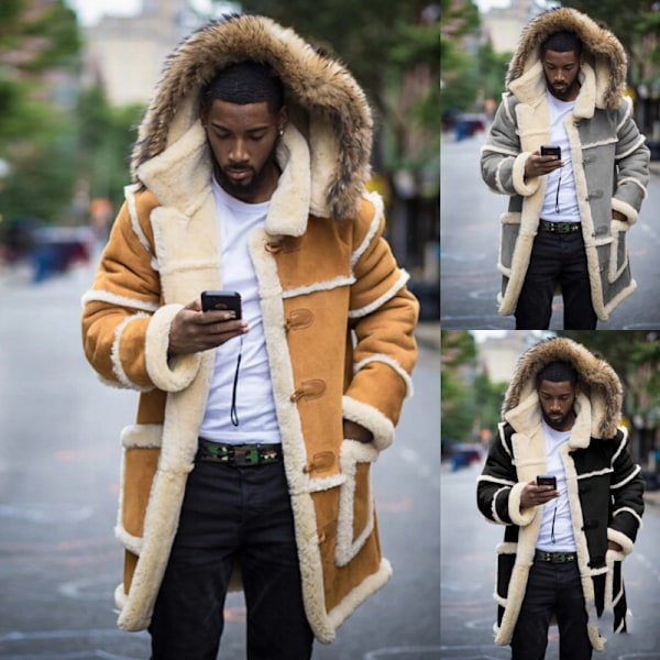 Herrar Pälsjackor med Huva Faux Suede Sherpa Fodrad Fårskinnjackor Yellow 4XL