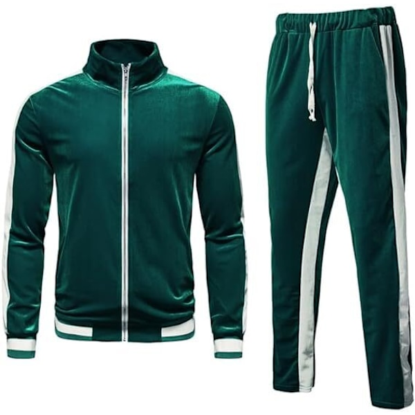 Männs 2-delad Helzippade Träningsoveraller i Sammet Sportdräkter green 2XL