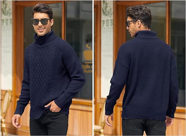 Herrar Turtleneck Tröja Kabel Stickad Vintertröjor Dark Blue XL
