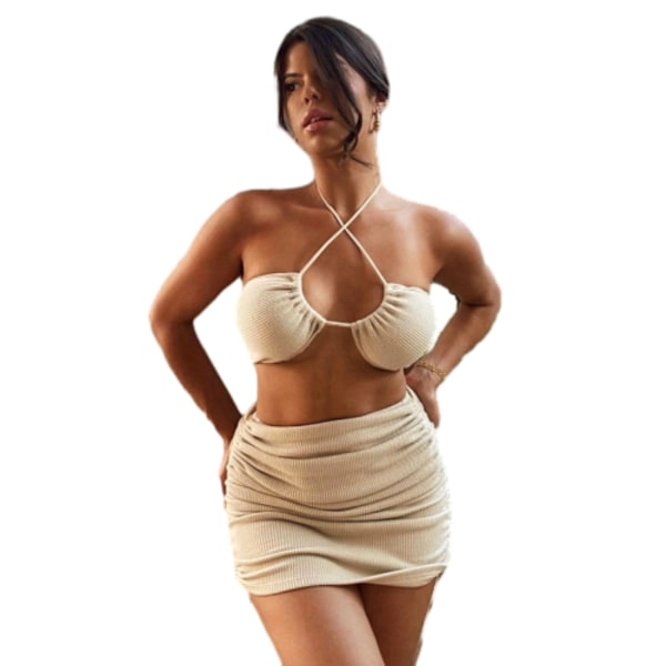Naisten seksikäs ontto 2-osainen asu halter-kaula-auksella hihaton crop top -hame setti Khaki L