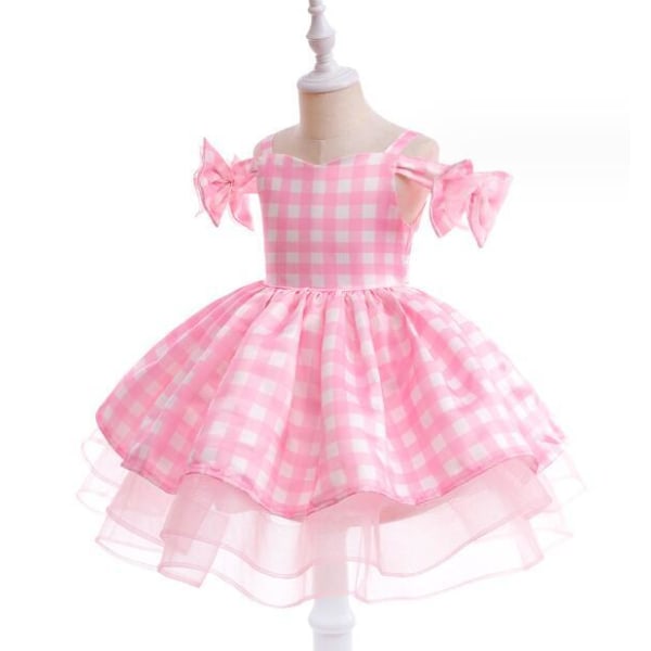 Flickors En-axlad Rosa Rutmönstrad Mesh Prinsessklänning 140CM