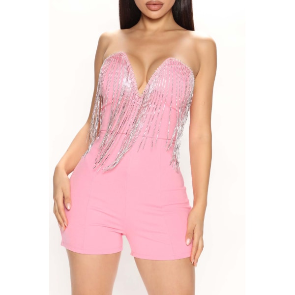 Dam V-hals Strass Tofs Tube Top One Piece Jumpsuits pink XL