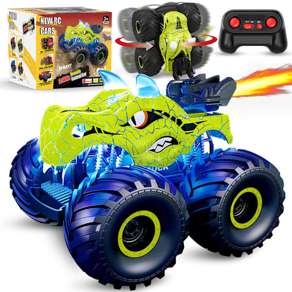 Kaukosäädöllä ohjattava dinosaurusauton, 2.4GHz RC-hirviöautot pojille suihkulla Green