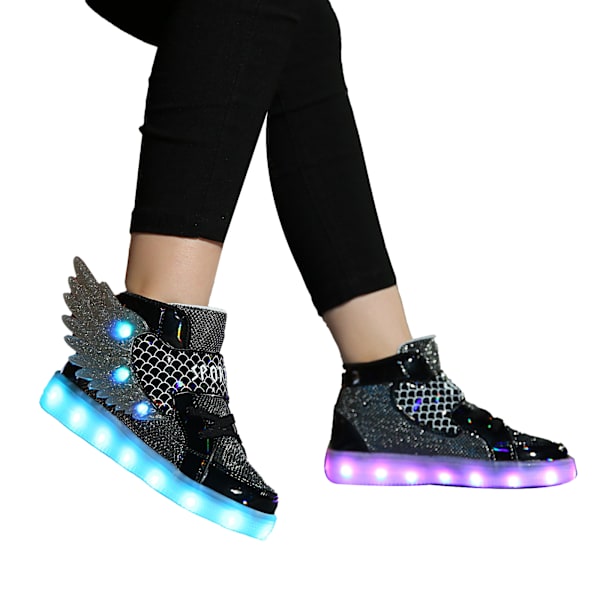 Barne-sko med LED-lys, USB-ladbare, blinkende, høye vingesko black 34