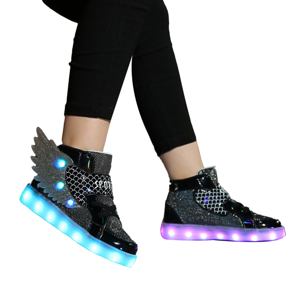 Kids Light up Skor LED USB Laddning Blinkande High-top Wings Sneakers black 35