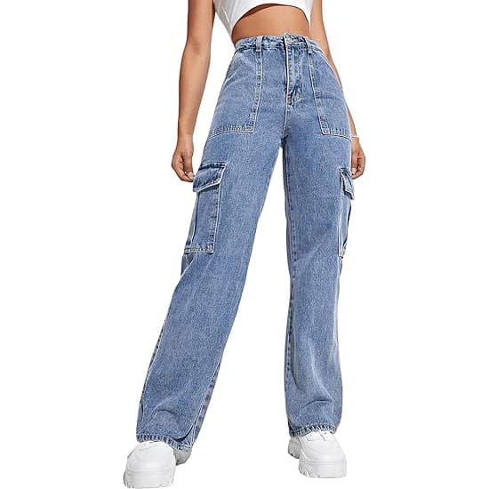 Kvinnors hög midja cargobyxor flikficka vida ben denimbyxor M