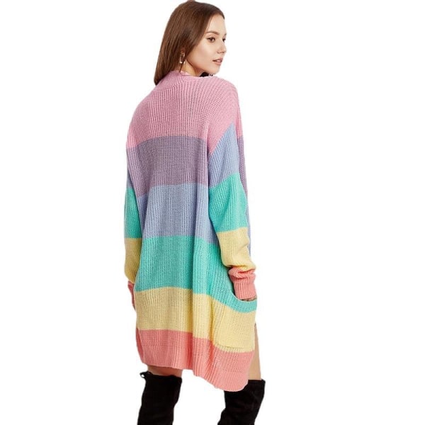 Lång Pastel Knittad Regnbågsrandig Färgblockad Cardigantröja för Kvinnor XL