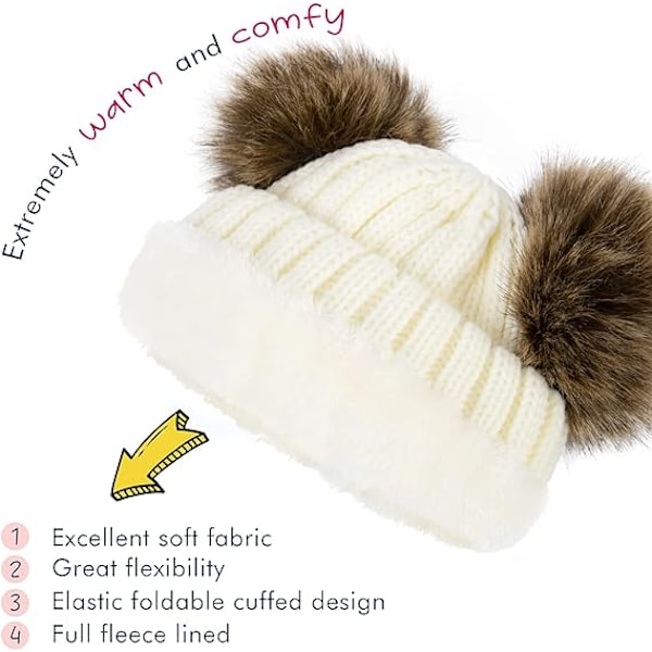 Varmt vintermössa för barn med pompomöron Elastisk stickad mössa för småbarn White
