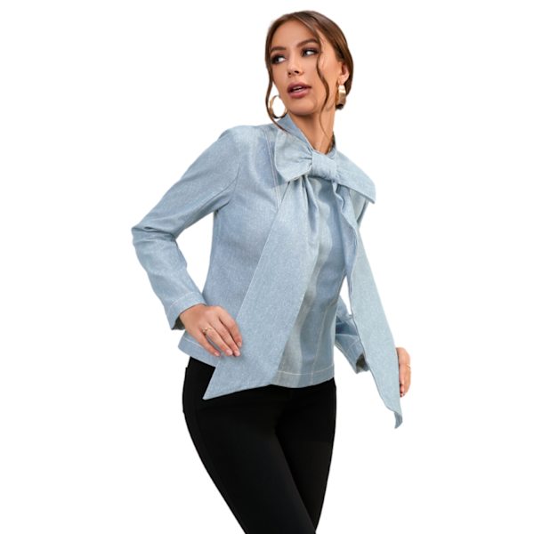 Dame Jakke i Ensfarvet Denim med Lynlås og Rund Krave Light blue XXL