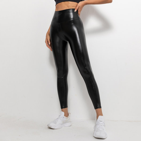 Dame Faux Læder Leggings med Mavekontrol, PU Strækbare Kunstlæder Bukser Yoga Tights S