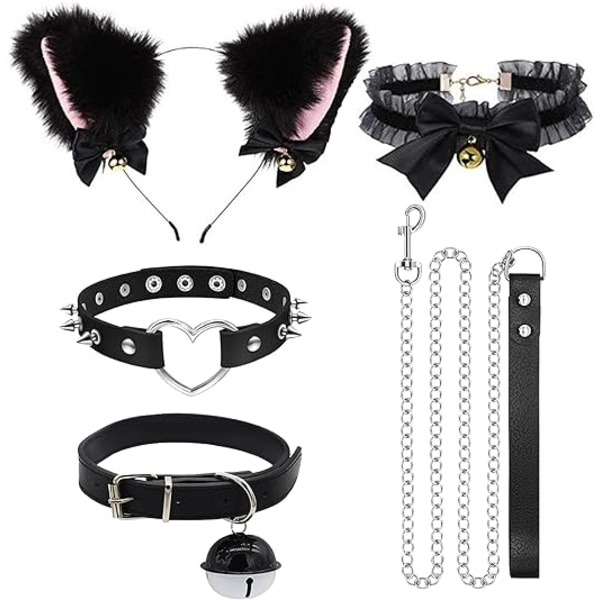 5st Cat Ears Pannband och läder Goth Choker Halsband Set