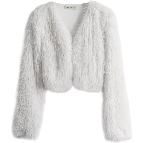 Kvinnors Mode Klippt Konstpälsjacka Långärmad Öppen Fram Kort Kavaj White XL
