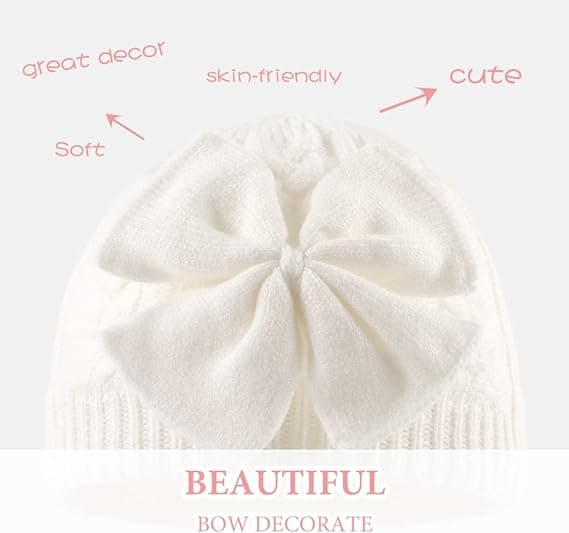 Varm stickad mössa med rosett för flickor, vinter White